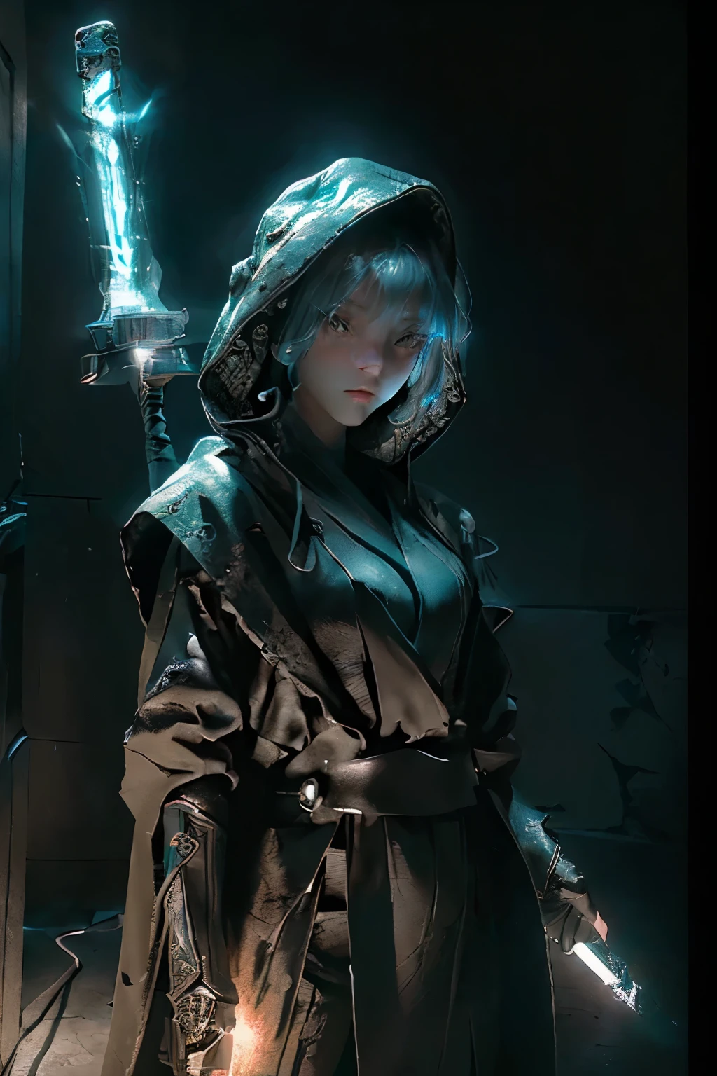 ((a girl in the foreground: 1.3), wearing a hooded robe, her expression focused, looking intently at a light saber with an intricately detailed hilt, its blade emitting a soft, ethereal glow; in the background, a figure clad in black, the signature Jedi Order attire, stands with a solemn expression, illuminated by the dimly lit surroundings, the light from his own saber casting long, dramatic shadows on the floor and walls, creating an atmospheric, cinematic scene reminiscent of the iconic Star Wars universe. Depth perception enhances the image, with the girl positioned slightly in front of the Jedi Master,