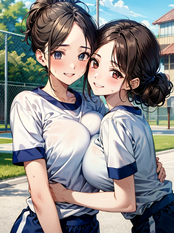 masterpiece、High resolution、High resolution、high quality、High resolution、Two teenage girls hugging each other、Pompadour、The forehead is visible、Beautiful lipoist lips、((Very large breasts))、Courting face、Smiling with teeth showing、((near))、White gym clothes、Sweaty、Schoolyard