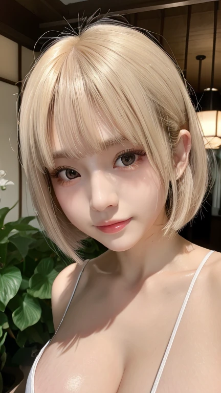 masterpiece, super detail, absurdity, One woman、tall, glamorou, 20-year-old, cute face,, big chest, 1.4, Japanese-style room, a bright yukata、white bob hair、disheveled clothes、pale skin, shiny skin:1.3, tall, glamorou, 20-year-old, cute face,show one's 、 vibrant colors,breastcement