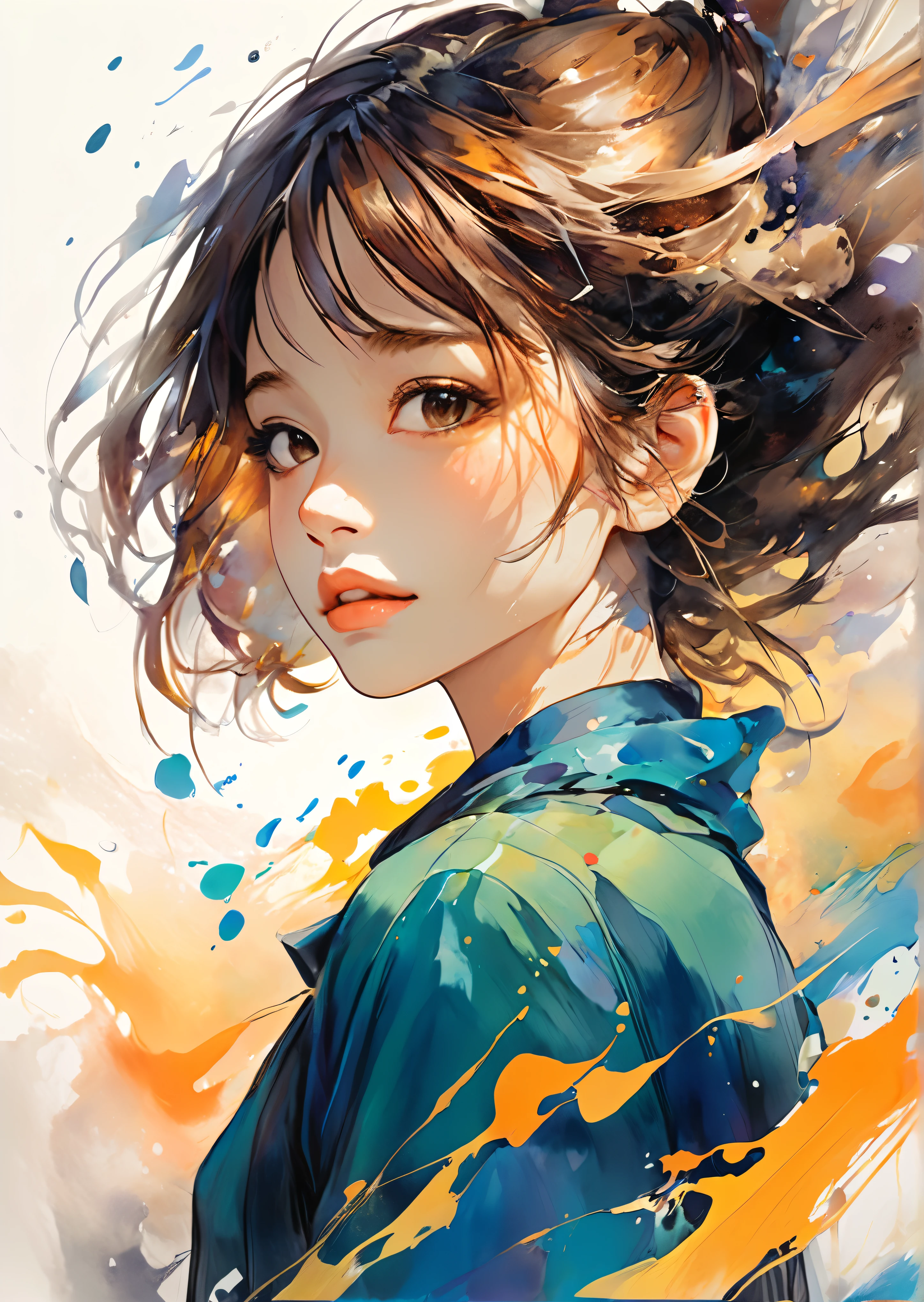 absurd, high resolution, Super detailed, (1 Girl:1.3), KawaiiBREAK Expressive brushstrokes, Ink Painting, level, , Poetic atmosphere, A delicate balance, Fluid Movement , almost