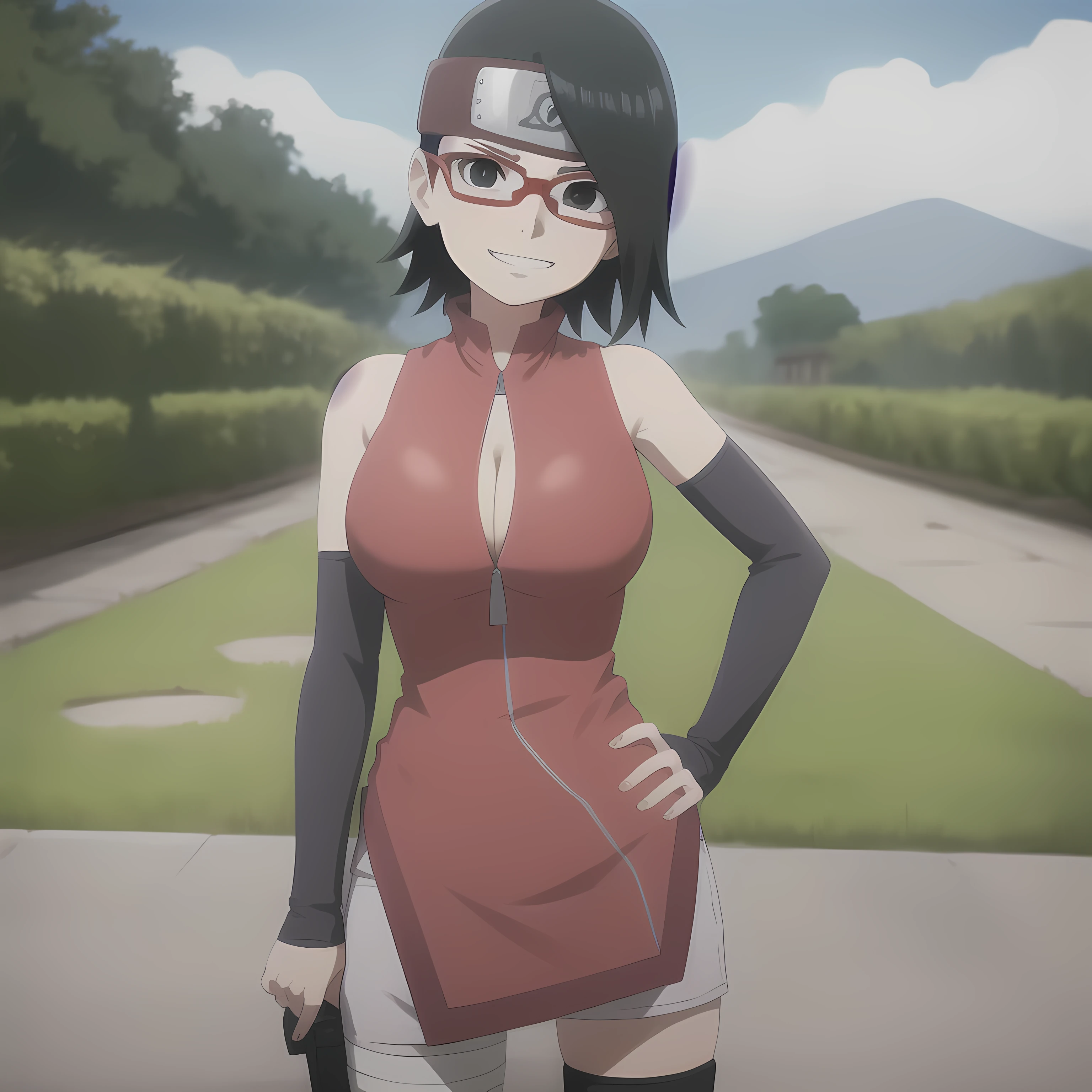 anime screencap,
1girl,solo,black hair,short hair, black eyes,skinny,cowboy shot, standing, forehead protector, smirk,(dress:1.1),(white shorts:0.8), black thighhighs, thigh holster, arm warmers, bare shoulders, looking at viewer, outdoors,pelvic,red-framed eyewear, glasses,arms behind back, head tilt, pelvic curtain, facing viewer, hands on hips, zipper, shiny hair, (large breasts), cleavage