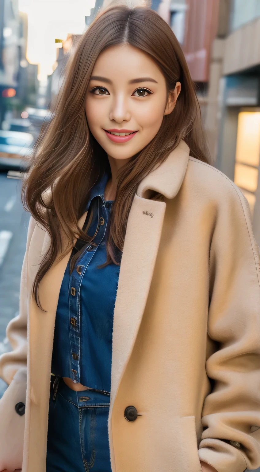 ((Realistic lighting, highest quality, 8k, masterpiece: 1.3)), concentrated: 1.2, One Japan idol, Plump: 1.1, ((Light Brown Hair,whole body)), (Long coat: 1.4), (Outdoor, Magic Hour: 1.1), street, Very beautiful face, Beautiful Eyes, double eyelid,Dimples,mole,A kind smile,