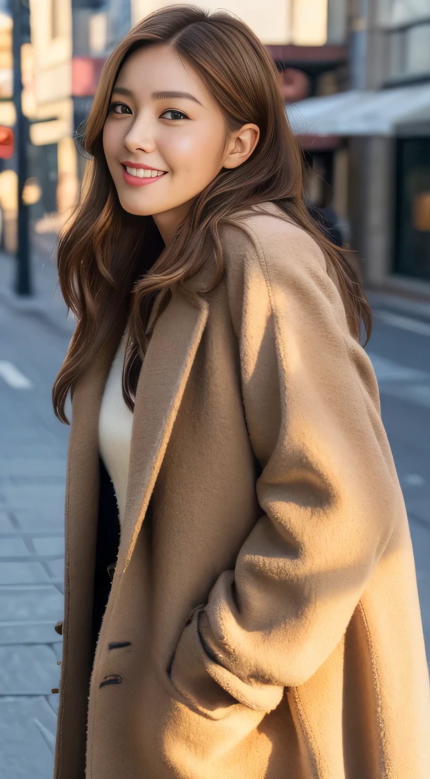 ((Realistic lighting, highest quality, 8k, masterpiece: 1.3)), concentrated: 1.2, One Japan idol, Plump: 1.1, ((Light Brown Hair,whole body)), (Long coat: 1.4), (Outdoor, Magic Hour: 1.1), street, Very beautiful face, Beautiful Eyes, double eyelid,Dimples,mole,A kind smile,