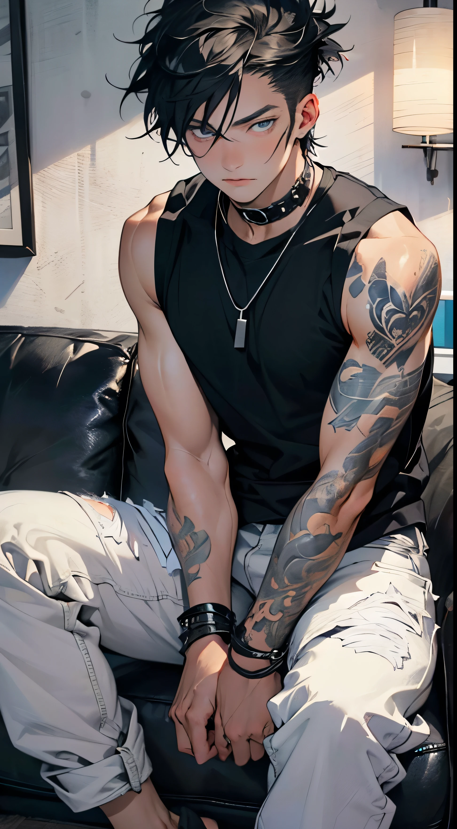(best quality,4k,8k,highres,masterpiece:1.2),ultra-detailed,realistic:1.37,pale-skinned brooding man with a slightly toned build and an attractive appearance, beautiful blue eyes, and very long flowing fluffy pitch black hair, in his 20s, wearing a trendy black tank top and fashionable jeans, sitting on a comfortable couch. The man is clean-shaven and has a tattoo on his right arm. The man has a goth-like, punk, alternative style.