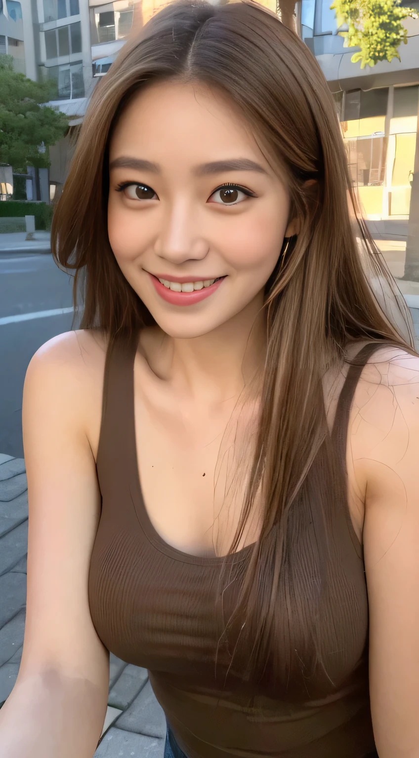 ((Realistic lighting, highest quality, 8k, masterpiece: 1.3)), concentrated: 1.2, One Japan idol, Plump: 1.1, ((Light Brown Hair,whole body)), (Tank top: 1.4), (Outdoor, Magic Hour: 1.1), street, Very beautiful face, Beautiful Eyes, double eyelid,Dimples,mole,A kind smile,
