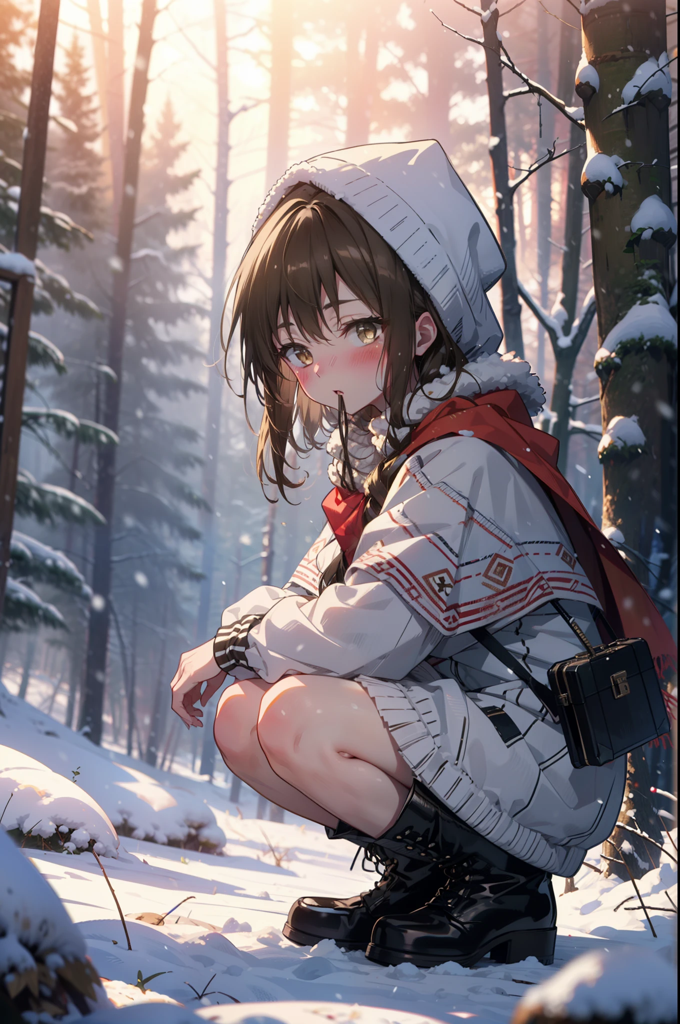 yuikotegawa, Yui Kotegawa, Black Hair, (Brown eyes:1.5),blush,White Breath,
Open your mouth,snow,Ground bonfire, Outdoor, boots, snowing, From the side, wood, suitcase, Cape, Blurred, having meal, forest, White handbag, nature, Squat, Mouth closed, Cape, winter, Written boundary depth, Black shoes, red Cape break looking at viewer, Upper Body, whole body, break Outdoor, forest, nature, break (masterpiece:1.2), highest quality, High resolution, unity 8k wallpaper, (shape:0.8), (Beautiful and beautiful eyes:1.6), Highly detailed face, Perfect lighting, Extremely detailed CG, (Perfect hands, Perfect Anatomy),