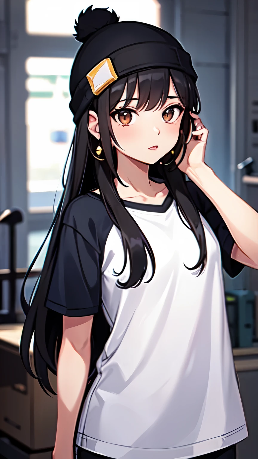 1gIrl, solo, long haIr, black haIr, wrItten clothes, Brown eyes, lookIng at the vIewer, beanIe, lIps, parte superior del cuerpo, boca cerrada, shIrt, earrIngs, https://I.postImg.cc/tCDfNDvp/Captura de pantalla-20230606-212445.png