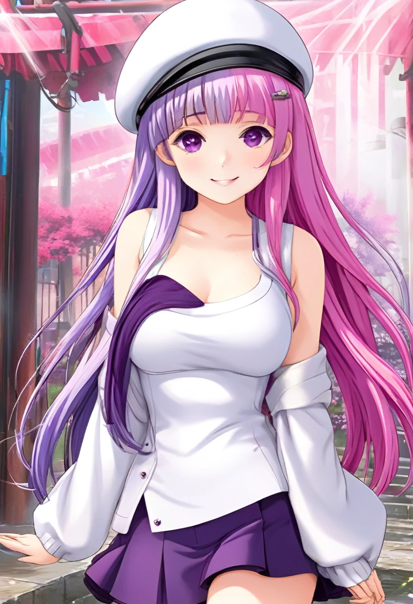 masterpiece, highest quality, so beautiful, Super detailed), Intricate details, Highly detailed background, perfect lightinghighest quality, Aragaki Hina, alone, Outdoor, beret, White Hat, Purple Hair, Two-tone hair, Split Color Hair, Pink Hair, Blunt bangs, Very long hair, Purple eyes, , live stage, large Breasts, nsfw,, (wearing nothing: 1.5), smile　solo Nipples
