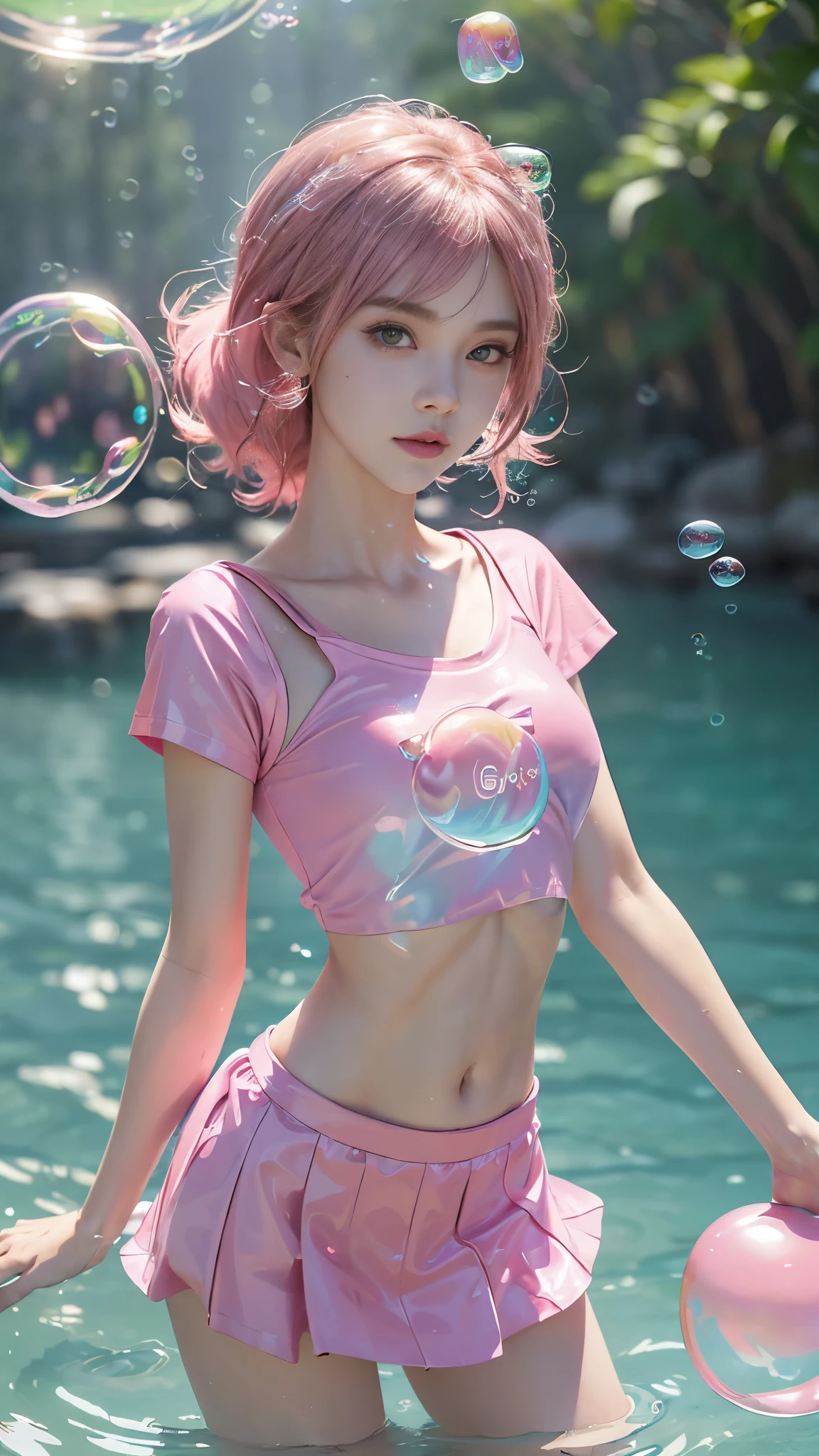 8K, ultra hd, masterpiece, 1 girl, 18 years old, ((glossy bosy)), slim body, ribs, bones, happy face, long hair, detailed eyes, detailed lips, small breasts, (bubble cosplay:1.5), ((pink mini skirt)), (pink t-shirt:1.5), (strap T-shirt:1.5), ((bare stomach)), loops, straps, realistic shadow, sea, morning, ((bubble:1.5)), (water bubbles:1.5), water, beautiful, rain, realistic water, water reflection, RTX 4090, ray tracing, bloom, bokeh, underwater,