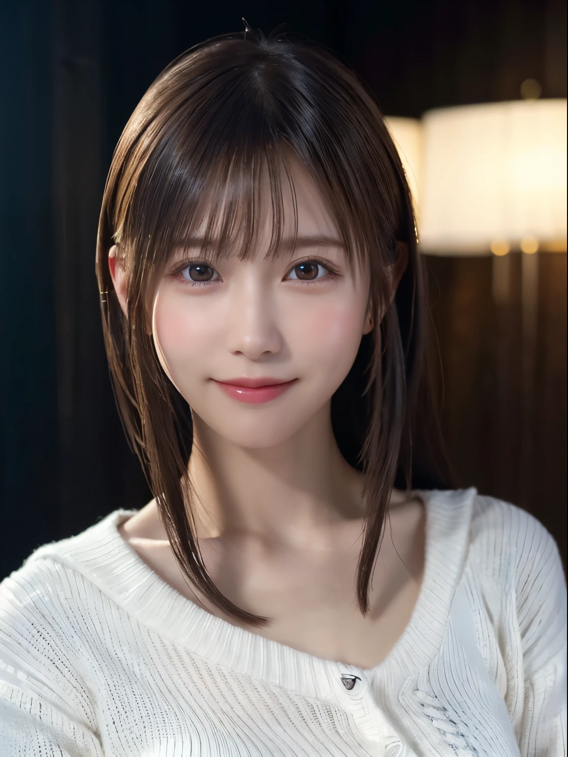 1 Japanese girl,(White sweater:1.4), (RAW Photos, highest quality), (Realistic, Realistic:1.4), Tabletop, Very delicate and beautiful, Very detailed, 8k wallpaper, wonderful, In detail, Very detailedなCG Unity, High resolution, Soft Light, Beautiful details 19 years old, Very detailedな目と顔, Beautiful and detailed nose, Beautiful details,Cinema Lighting,Perfect Anatomy,Slender body,smile  (Asymmetrical bangs,)