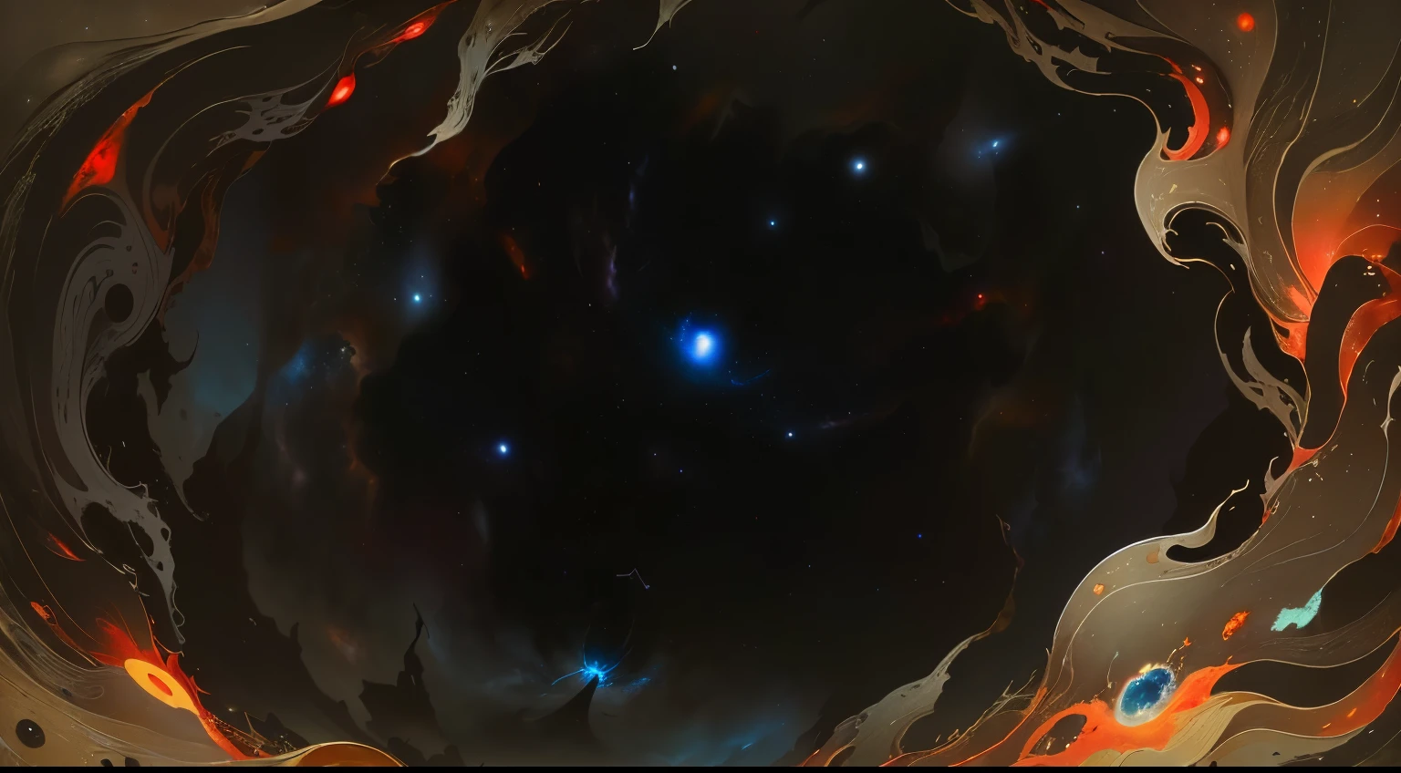there is a painting of a black hole with red flames, stars strange perspective, cosmic horror concept art, view of the cosmos, collapsing stars, in the void of space, background artwork, outer wilds, tentacles in universe, stars visible, multiple stars visible, inside of a black hole, cosmic void background, astral background, whirling nebulas