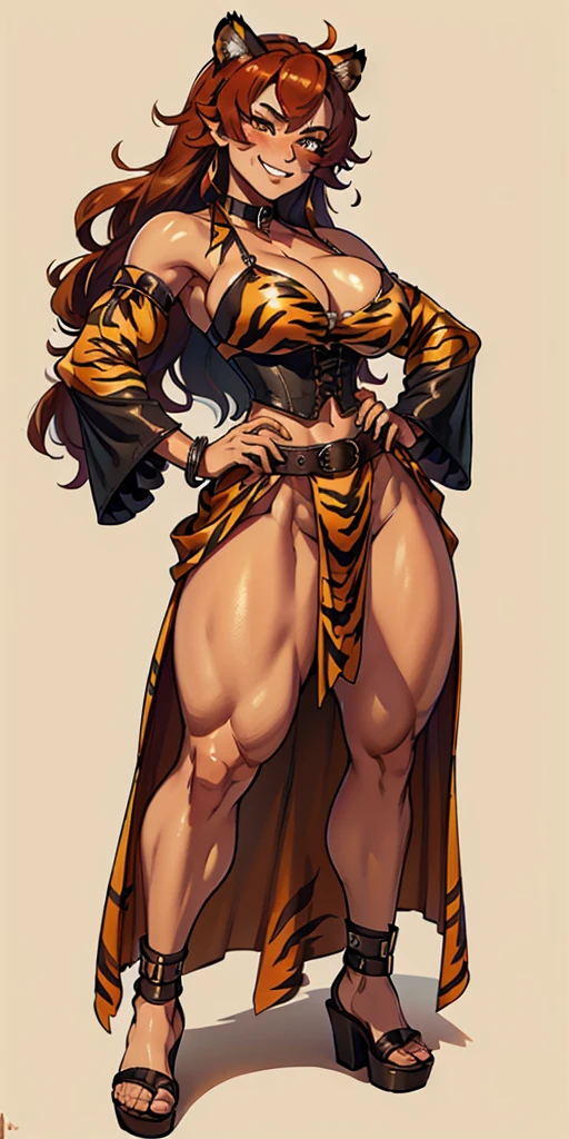 ((Masterpiece, plain background,1:2, masterpiece)) full body standing with separate yellow tiger print stockings thighs and sleeves, yellow tiger bikini print, hands on waist, navel, lustful smirking smiling, smile face (red blushed, red cheeks) armbands, black leather choker slave collar, metal sandals, big knockers, cleavage, separate sleeves, leather corset, hands on hips, shackles bracelets, slave red crest, loincloth standing, metal sandals, big belt, view from below, feet together, bracers, standing contrapposto straight symmetrical looking to viewer