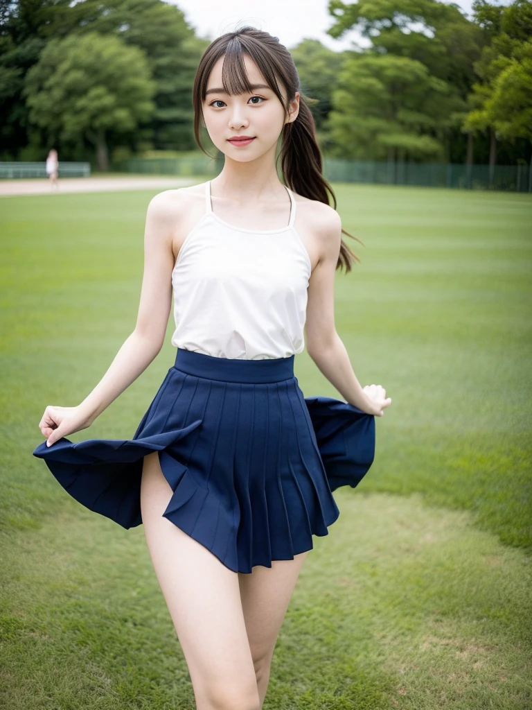 (masterpiece, highest quality:1.4), Award-winning portraits, 8k, 85mm, alone, Beautiful Face, Delicate girl,  (Cheerleader、On the grass), Sophisticated, cute, 15 years old, RAW Photos, Confused, High resolution, Sharp focus, Background blur、(((Flat  、thin and delicate body、Childish atmosphere)))、shiny semi-long hair、ponytail、Mole on the left cheek、 Dark blue eyes、High Kick、the skirt is swaying in the wind、Hair swaying in the wind、sexy、Flexible legs