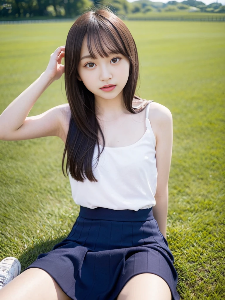 (masterpiece, highest quality:1.4), Award-winning portraits, 8k, 85mm, alone, Beautiful Face, Delicate girl,  (Cheerleader、On the grass), Sophisticated, cute, 15 years old, RAW Photos, Confused, High resolution, Sharp focus, Background blur、(((Flat  、thin and delicate body、Childish atmosphere)))、shiny semi-long hair、ponytail、Mole on the left cheek、 Dark blue eyes、High Kick、the skirt is swaying in the wind、Hair swaying in the wind、sexy、Flexible legs