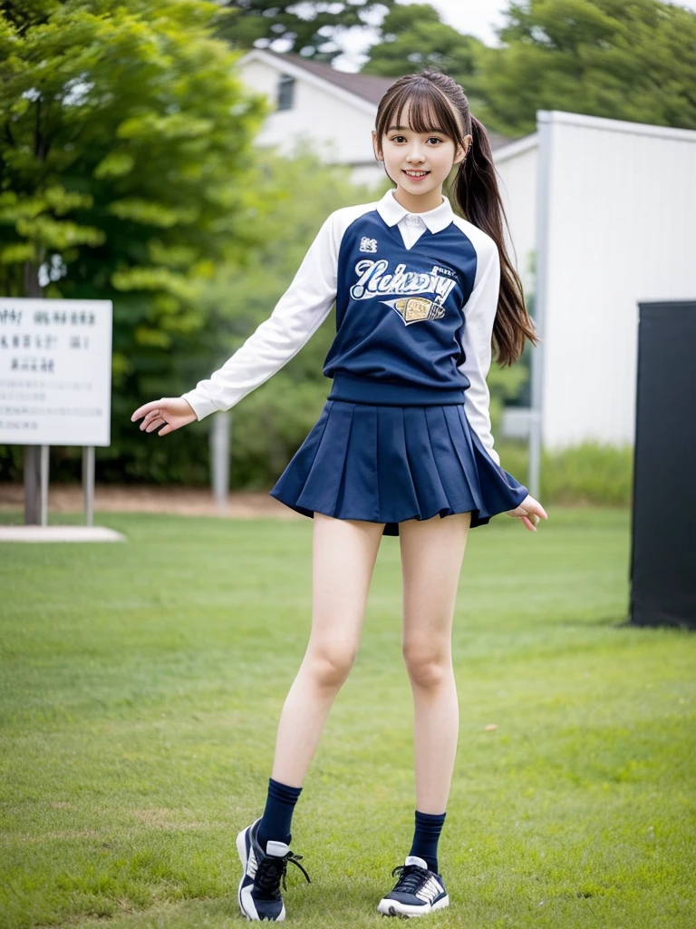 (masterpiece, highest quality:1.4), Award-winning portraits, 8k, 85mm, alone, Beautiful Face, Delicate girl,  (Cheerleader、On the grass), Sophisticated, cute, 15 years old, RAW Photos, Confused, High resolution, Sharp focus, Background blur、(((Flat  、thin and delicate body、Childish atmosphere)))、shiny semi-long hair、ponytail、Mole on the left cheek、 Dark blue eyes、High Kick、the skirt is swaying in the wind、Hair swaying in the wind、sexy、Flexible legs