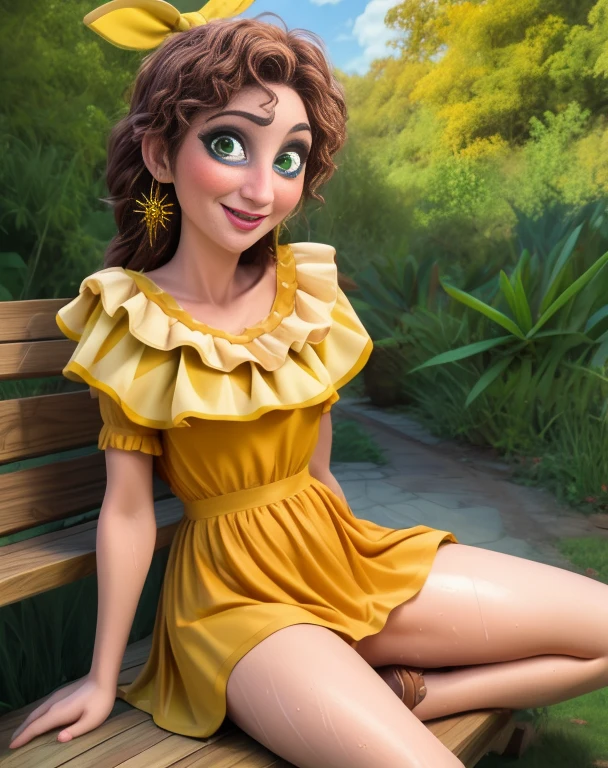 pape,green eyes,Brown hair, curvy hair, 1 woman, adult woman, adult body, 50 years old,
yellow dress,earrings,bow,
Sitting, full body,
village,Sun Ray,happy, orange heels, 
(insanely detailed, beautiful detailed face, masterpiece, Best quality), sexy, small breasts, tiny hips, skinny legs, skinny, on a bench, spread legs, panties , shy, wet legs, 