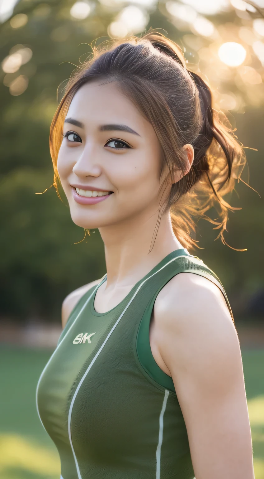 ((Realistic lighting, highest quality, 8k, masterpiece: 1.3)), concentrated: 1.2, One Japan idol, Plump,Very small breasts: 1.1, ((Light Brown Hair,whole body)), (Training wear: 1.4), (Outdoor, Magic Hour: 1.1), arena, Very beautiful face, Beautiful Eyes, double eyelid,Dimples,mole,A kind smile,
