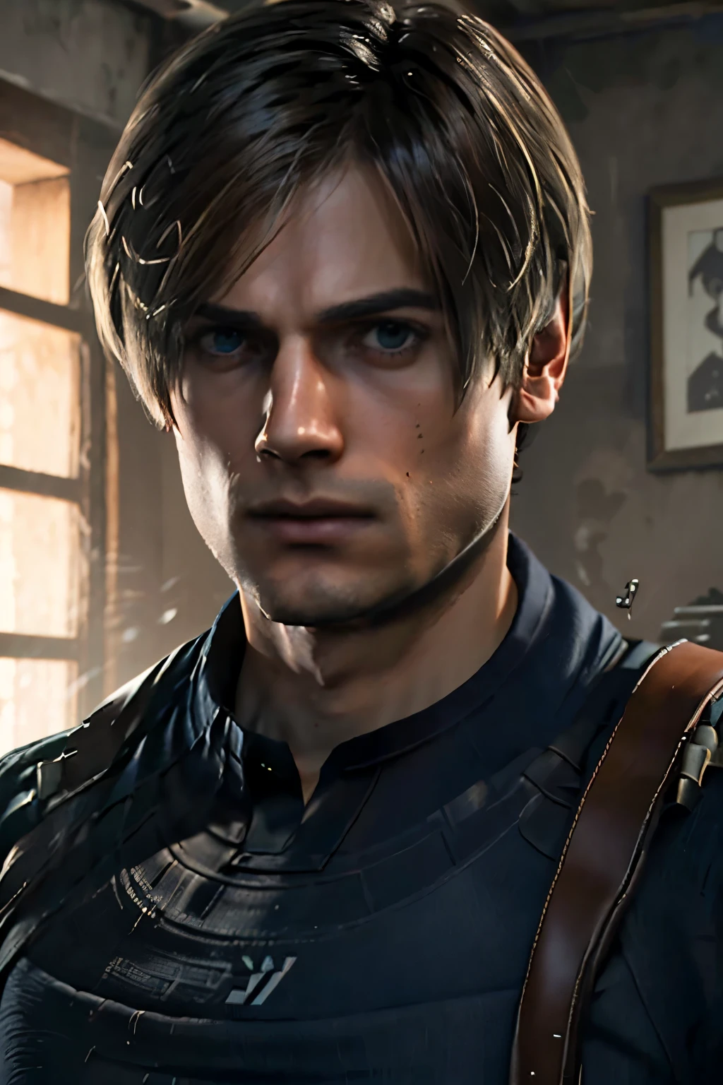 1 homem, homem jovem, 35 anos de idade, LEON S. Kennedy do filme "Infinite Darkness", O rosto de Nick Apostolides, Sozinho,cabelo castanho escuro, penteado de cortina, camiseta branca, ajoelhado, sports surround lighting, profundidade de campo