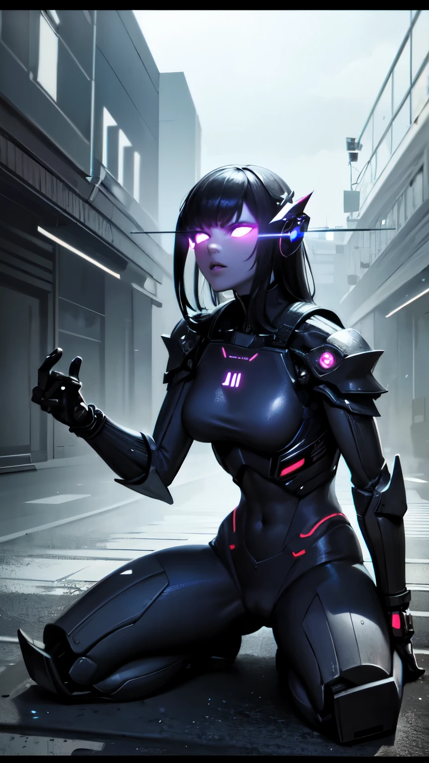 oscuro_fancy,ciberpunk, (mejor calidad, Obra maestra),blanco,1 mujer ,mechanical wonder,Robotic presence,Cybernetic guardian,wearing a cyber jacket,Ciudad, Highest quality digital art, Impresionante arte, fondo de pantalla 4k, Muy detallado, robot militar,army, zona de guerra,black and blanco, Highest quality digital art, Impresionante arte, fondo de pantalla 4k,8k,64k, High Definition, obra maestra incomparable, dynamic lighting, cinematographic, epic, damaged mechanical parts