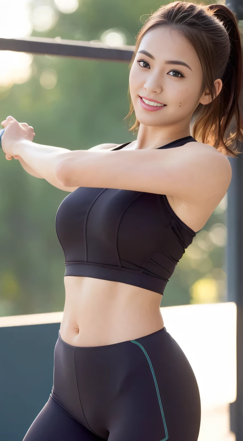 ((Realistic lighting, highest quality, 8k, masterpiece: 1.3)), concentrated: 1.2, One Japan idol, Plump,Very small breasts: 1.1, ((Dark brown hair,whole body,Vertical navel,)), (Training wear: 1.4), (Outdoor, Magic Hour: 1.1), arena, Very beautiful face, Beautiful Eyes, double eyelid,Dimples,mole,A kind smile,