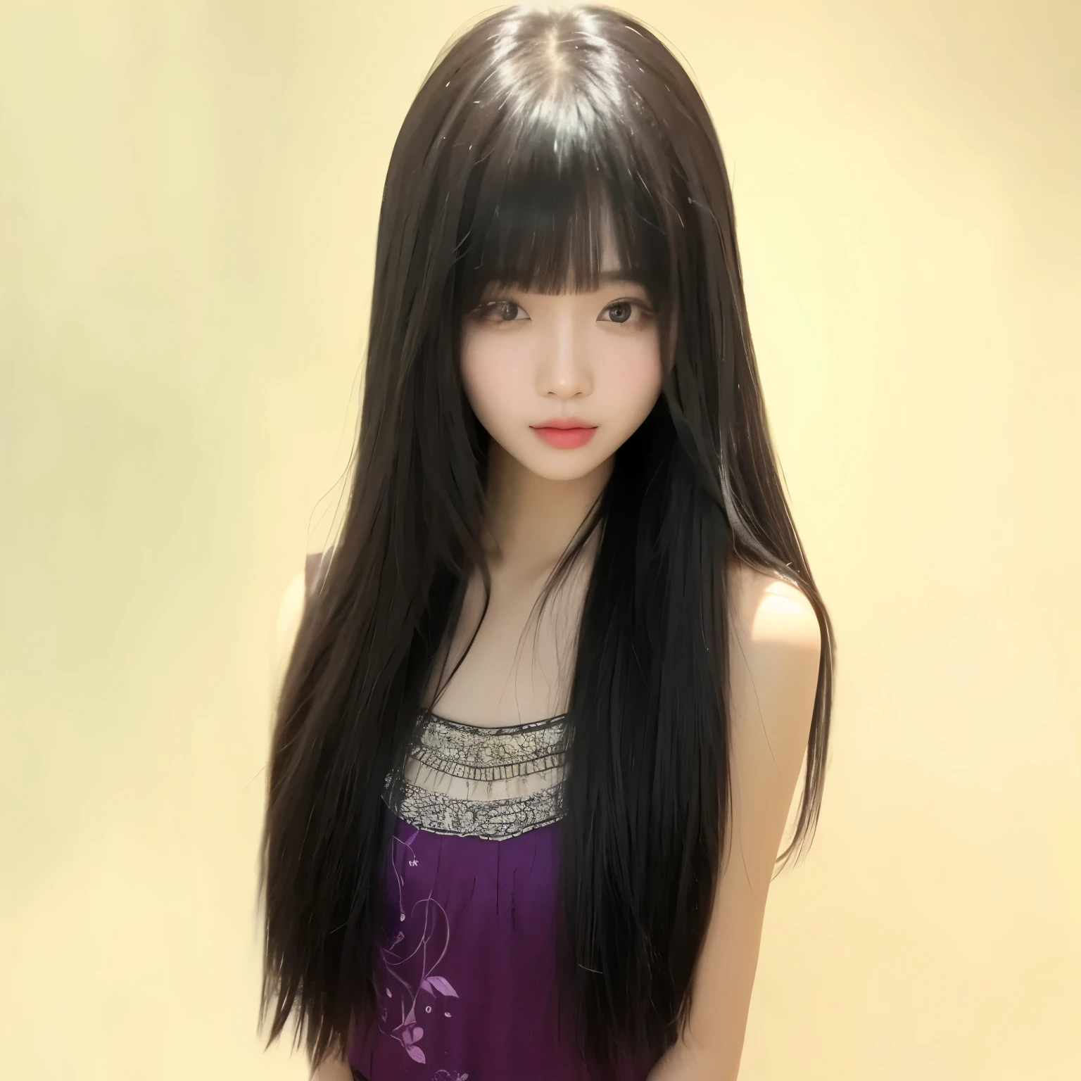 masterpiece, best quality, girl in purple skirt，black hair，Flowing long hair，Long straight hair，pretty girl，Hair with bangs, 