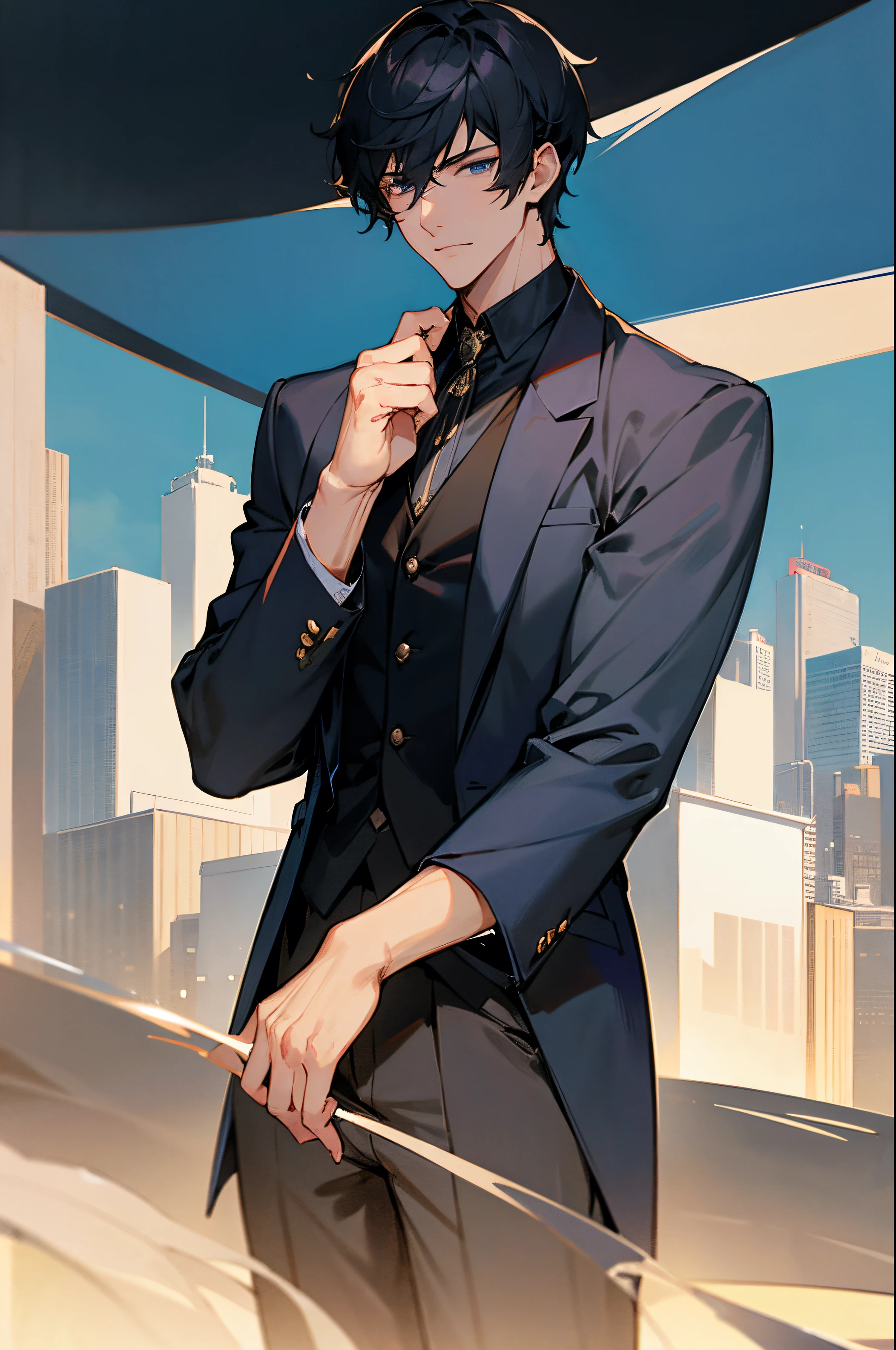 Black short haired, blue eyed, handsome, man, noble, calm, very handsome, formally dressed, background city