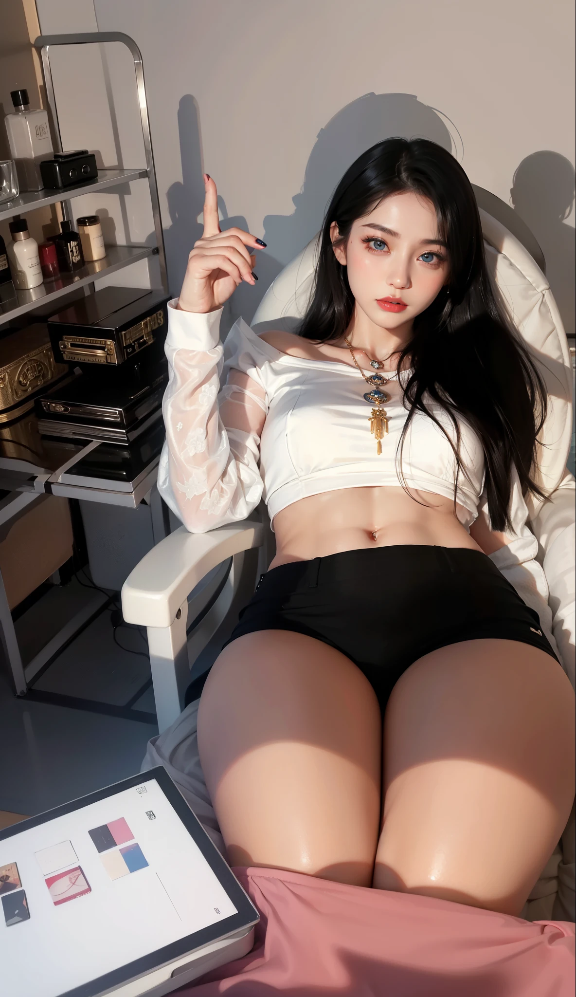 Super detailed, Delicate face, Realistic style, Stock Photography Shadow ,  Colorful, Surreal, Realistic textures, Dramatic Lighting, Thin Film Distiller 800 (8k, original photo, better quality, masterpiece: 1.2), Super detailed, (Extremely delicate skin: 1.2), 8k ultra high definition, SLR camera, Soft Light, high quality， Frozen queen,ice castle，Blue pupils，Apply red lipstick，Tattoo，Tattoo女神，带有Tattoo图案，Ultra-clear portrait，Apply lipstick，Wearing necklace jewelry，Apply lipstick，Wear heavy makeup，The facial texture is very clear，身上有精致的Tattoo，Deep blue eyes(Sapphire-like pupils)，sit on the chair，Eight-pack abs，Fingers straightened
