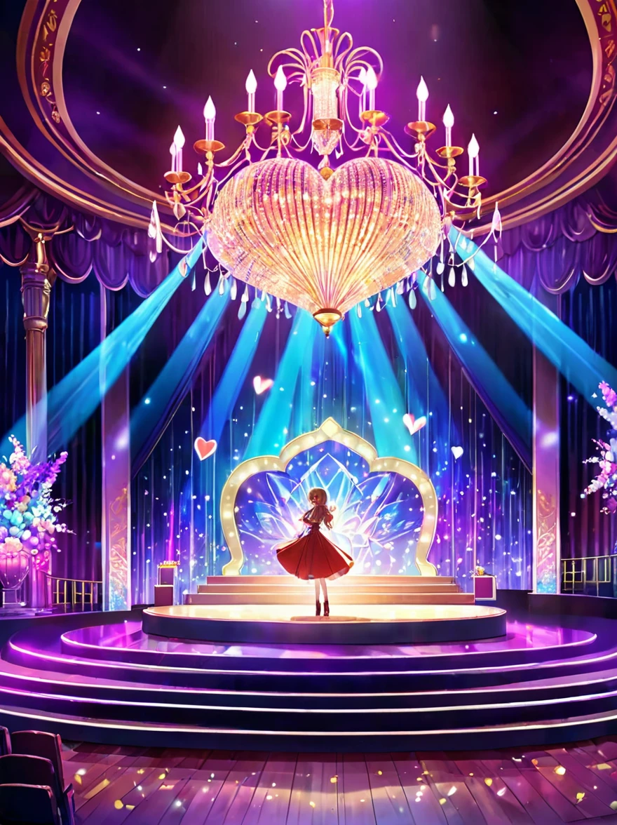 (Vision:1.5)，1girl, concert，audience, (Idol stage)，Neon，((舞台light))，Colorful，vase，Flowers，curtain，crystal Light，Heart shaped stage curtain and benches，Ballroom Background，Stage Background，chandelier，Anime Background Art Style Anime，Kingdom of Light Background，dazzling stage，Stadium Background，Colorful anime background，Stunning and mysterious，****sh，light,Colorful，light照在地板上