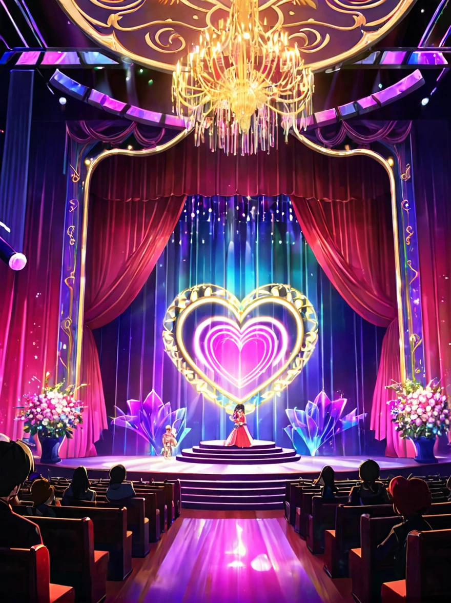 (Vision:1.5)，1girl, concert，audience, (Idol stage)，Neon，((舞台light))，Colorful，vase，Flowers，curtain，crystal Light，Heart shaped stage curtain and benches，Ballroom Background，Stage Background，chandelier，Anime Background Art Style Anime，Kingdom of Light Background，dazzling stage，Stadium Background，Colorful anime background，Stunning and mysterious，Lolish，light,Colorful，light照在地板上