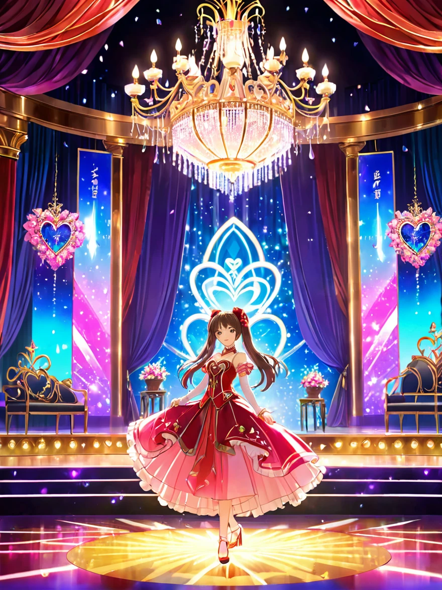 (Vision:1.5)，1girl, concert，audience, (Idol stage)，Neon，((舞台light))，Colorful，vase，Flowers，curtain，crystal Light，Heart shaped stage curtain and benches，Ballroom Background，Stage Background，chandelier，Anime Background Art Style Anime，Kingdom of Light Background，dazzling stage，Stadium Background，Colorful anime background，Stunning and mysterious，****sh，light,Colorful，light照在地板上