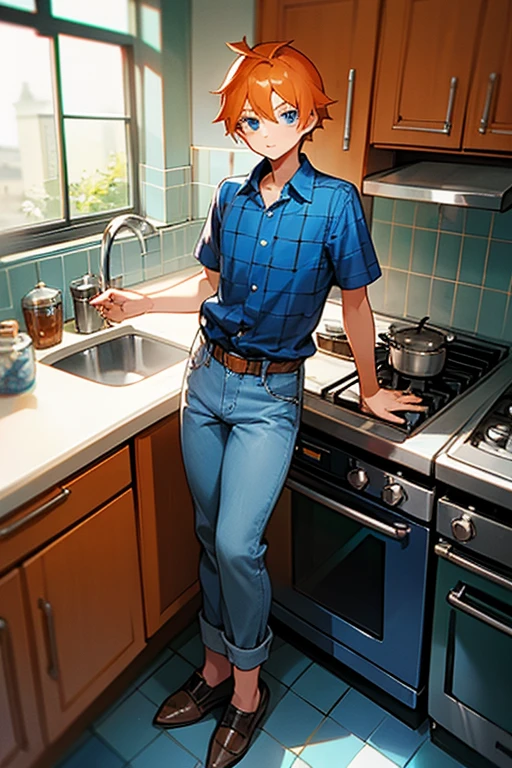 12 year old boy, orange hair, blue eyes, full body, hblue checkered robin shirt, blue checkered robin cap, blue denim pants, Expresso blender, kitchen,