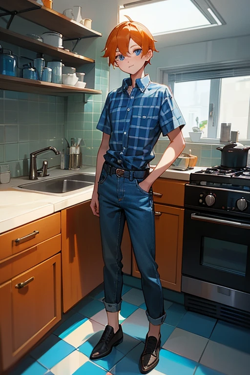  boy, orange hair, blue eyes, full body, hblue checkered robin shirt, blue checkered robin cap, blue denim pants, Expresso blender, kitchen, 