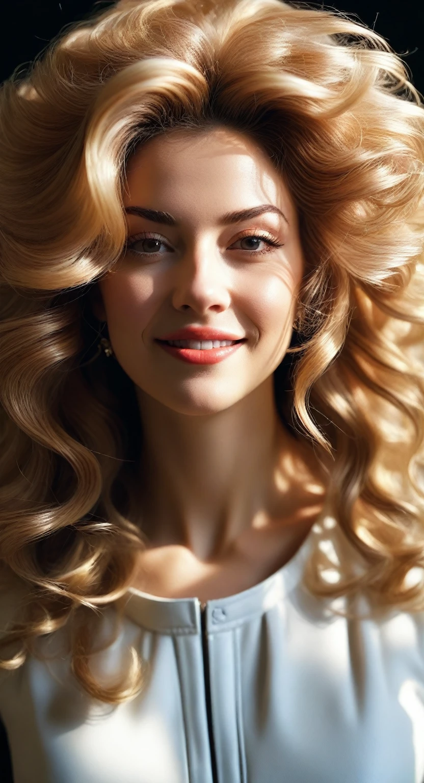 drill hair, curtained hair, lock of hair, Big hair, medium hair, light highlighting (dynamic hair color: 1.49), raised eyebrows, smile, wrinkled lips, surrealism, Renaissance/rococo, award winning raw photography, style гиппердетализации, from influence of Steven Spielberg, cinematic lighting, depth of field, divine rays, falling shadow, Fujikos, вид first person, first person, wide angle, натуралистичный style, surrealism, UHD, retina(retina: 1.49), masterpiece, accurate, Textured leather, High detail, a high resolution, 16 thousand.(masterpiece, accurate, Textured leather, High detail, a high resolution, 16 thousand.: 1.49)