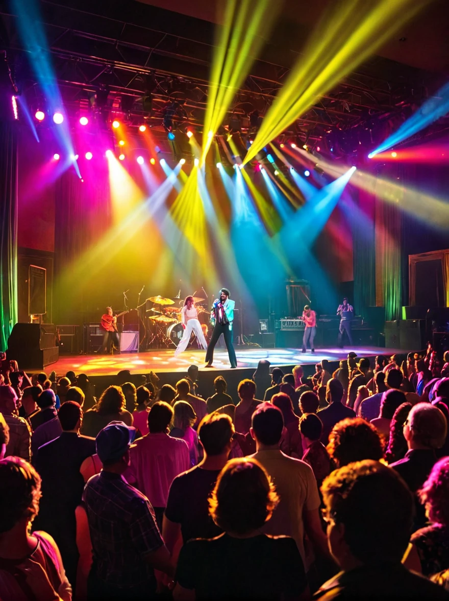 Illuminated 80's style ballroom with lots of people dancing and a stage in the background with a singer at the microphone being overshadowed by a ray of colored light from the stage to the hall.