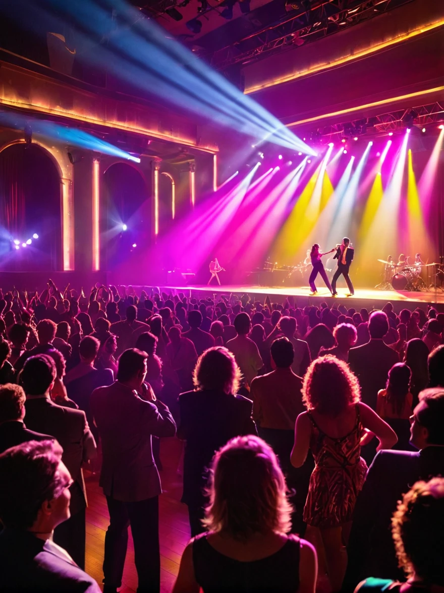 Illuminated 80's style ballroom with lots of people dancing and a stage in the background with a singer at the microphone being overshadowed by a ray of colored light from the stage to the hall.