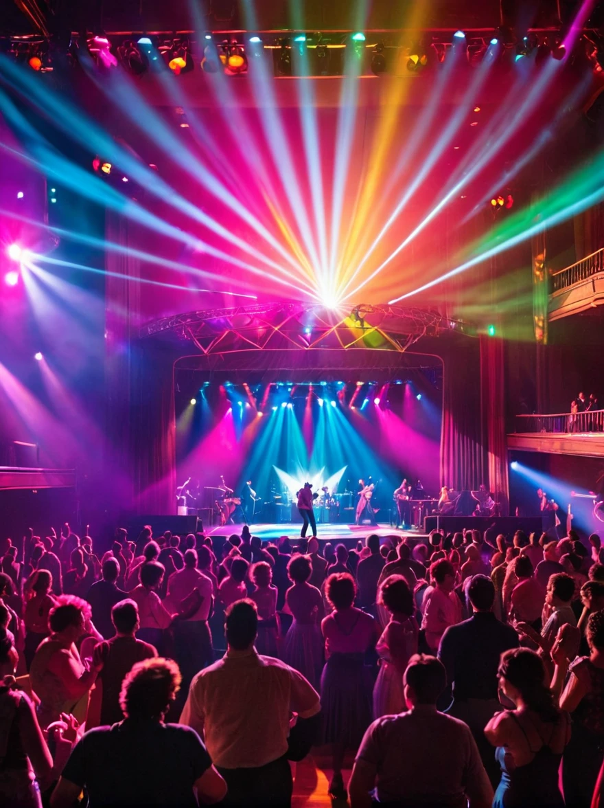 Illuminated 80's style ballroom with lots of people dancing and a stage in the background with a singer at the microphone being overshadowed by a ray of colored light from the stage to the hall.