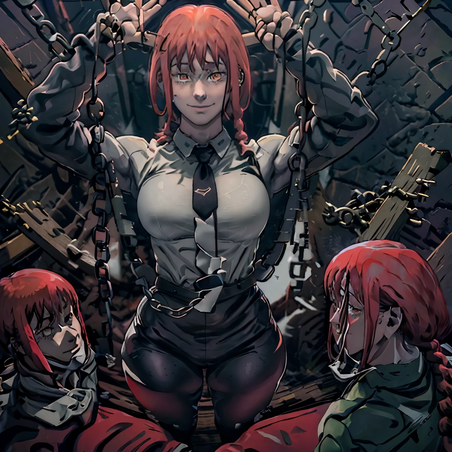 makima (chainsaw man), best quality, ultra detailed, 1girl, solo, standing, red hair, long braided hair, golden eyes, bangs, medium breasts, white shirt, tie, look, smile, (bad: 1.2), looking at the viewer, (interview: 1.3), (dark background, chains: 1.3)