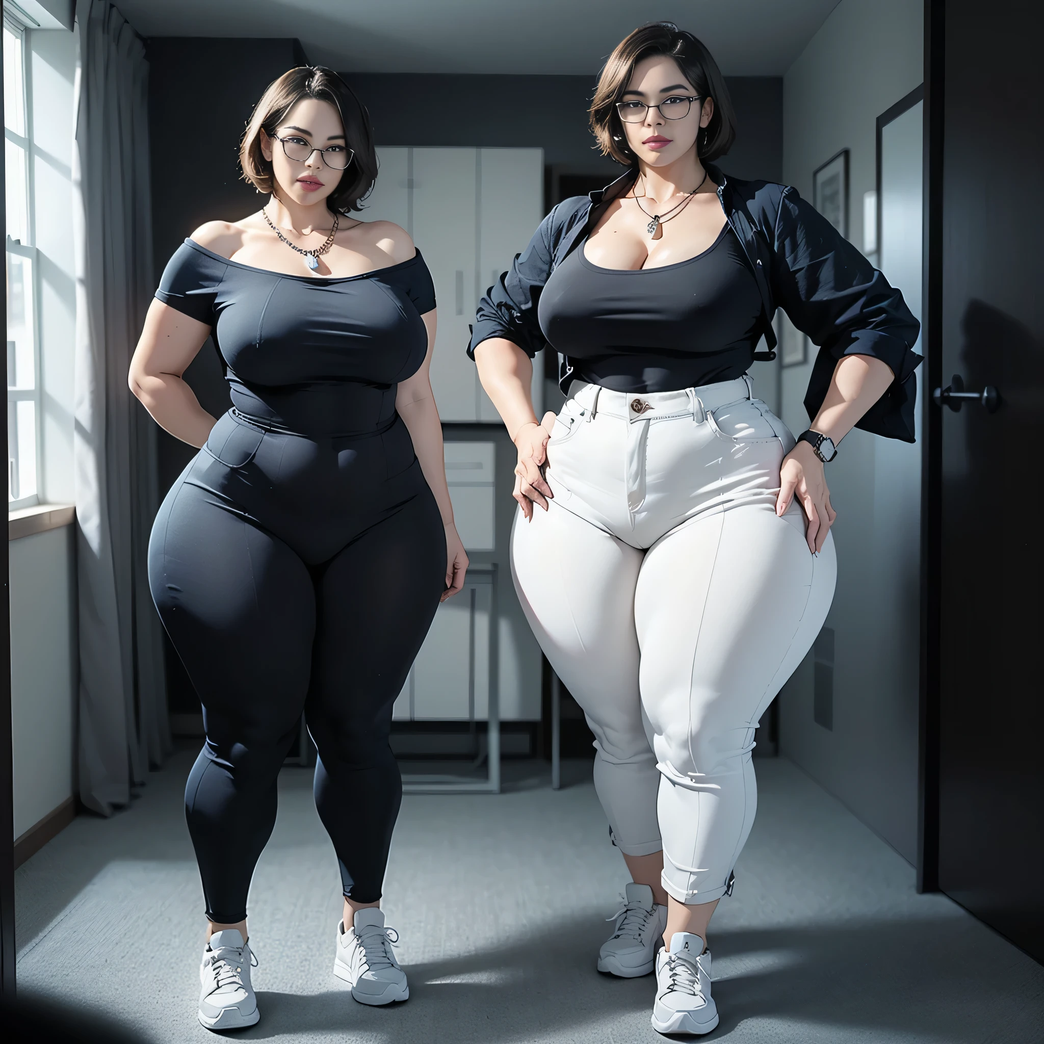 ((best quality)), ((masterpiece)), (detailed) perfect face, thicc woman , beautiful face , thicc girl , widest hips , thick neck, thicc , thick body , thick thighs , huge large breasts , her body is thicc , full body view , dark-black room, black bokeh background, thight dress , wearing sneakers, short hairstyle, diamond necklace, wearing a watch, tall woman, restore face, white skin , longest thight pants , glasses , cold vibes, , 4k resolution, japanese goddess