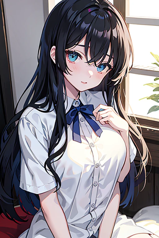 Unparalleled beauty, Shiny、Tightened、Glowing Skin, Bangs between the eyes, Shiny真っ直ぐな美しいプラチナブロンド, Super long straight silky hair, eyeliner, Sexy, beautiful and pure 14 year old, High resolution big beautiful bright blue eyes, beautiful and adorable girl, Baby Face, Short sleeve shirt
