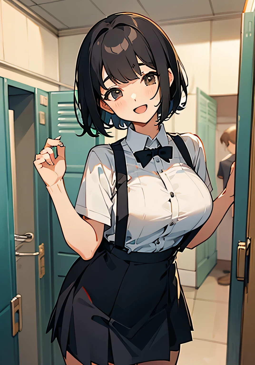 {best quality},locker room、Female college student、Short black hair、bangs、Large beautiful breasts、Restaurant staff clothing、suspenders、short-skirt、Smiling with embarrassment、open-mouth、standing、cowboy shot、High angle