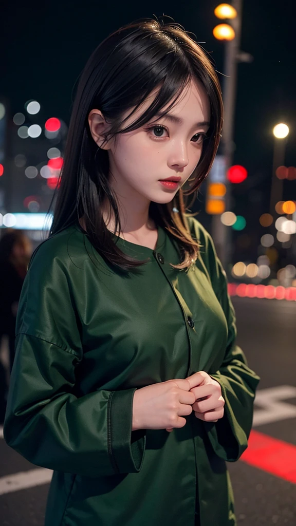 1girl, Tokyo street,night, cityscape,city lights, upper body,close-up, 8k, RAW photo, best quality, masterpiece,realistic, photo-realistic,green