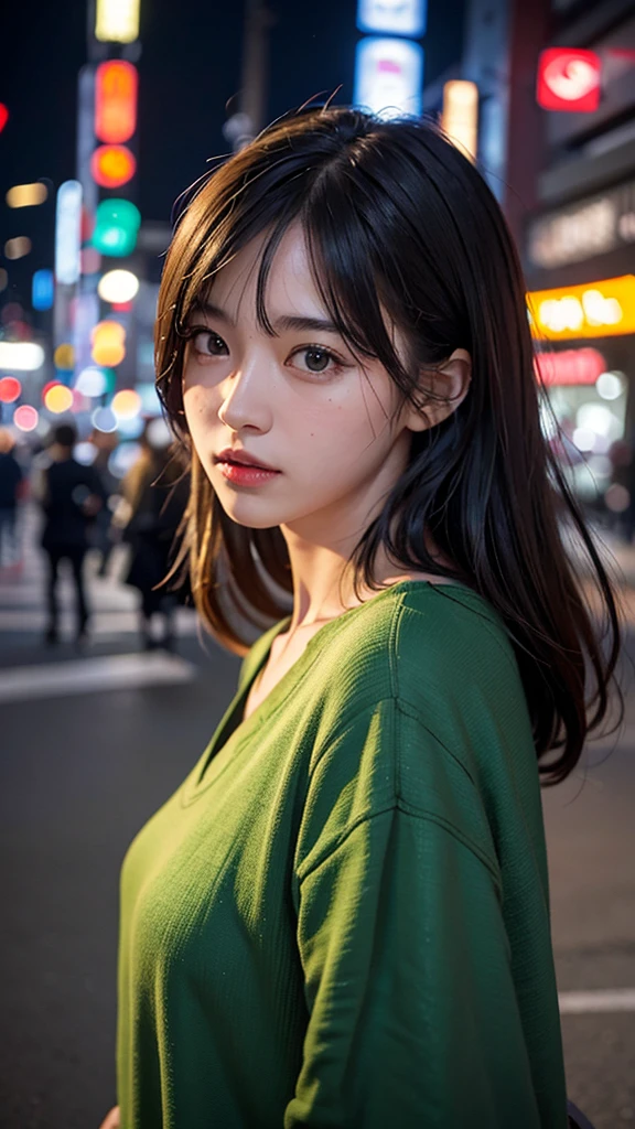 1girl, Tokyo street,night, cityscape,city lights, upper body,close-up, 8k, RAW photo, best quality, masterpiece,realistic, photo-realistic,green