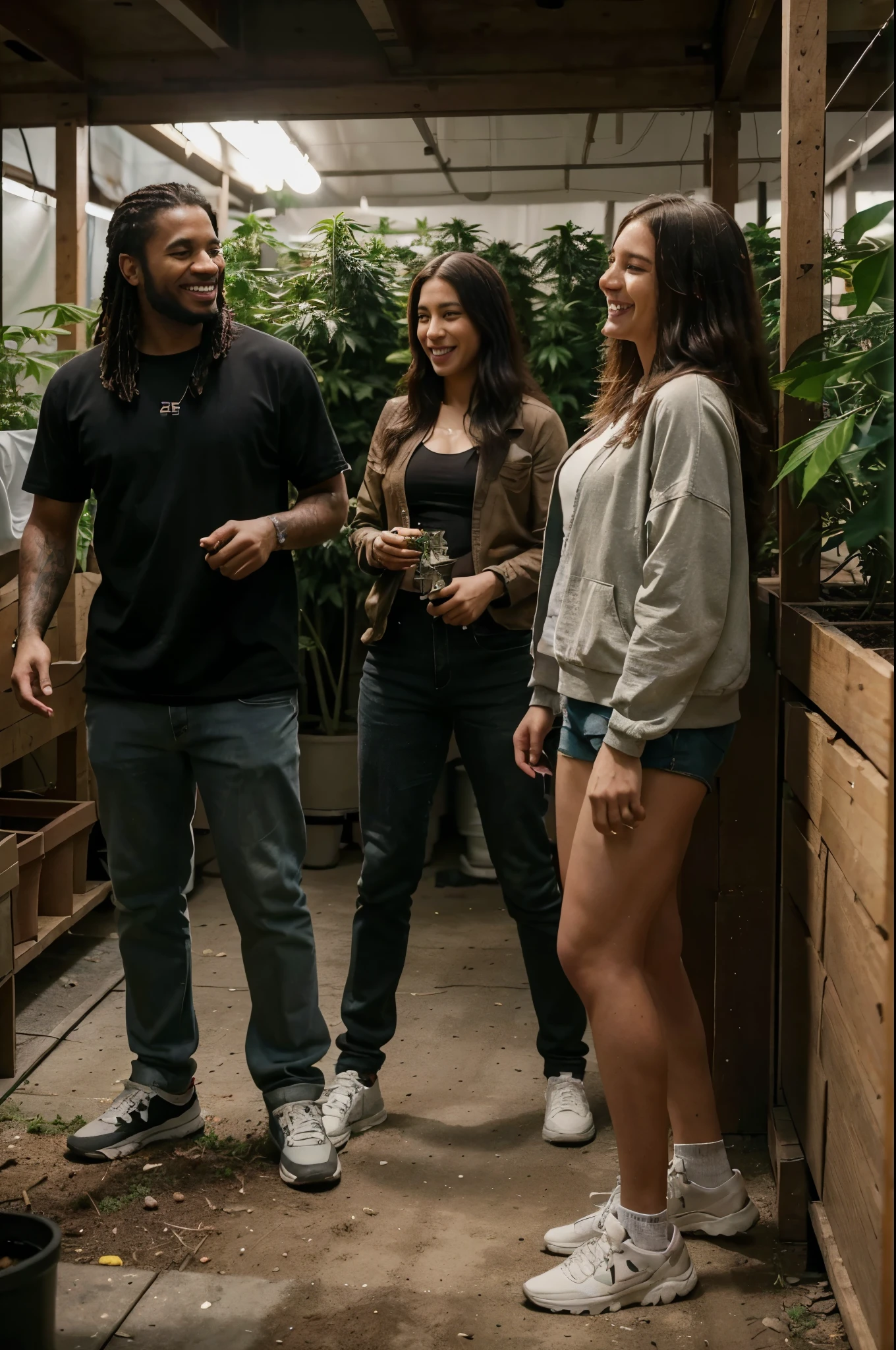 Diverse group of men and women fully clothed and professional, smoking weed together, laughing, listening to music, tending to a huge cannabis grow room, using artificial intelligence. (best quality,4k,8k,highres,masterpiece:1.2), ultra-detailed, (realistic,photorealistic,photo-realistic:1.37), HDR, UHD