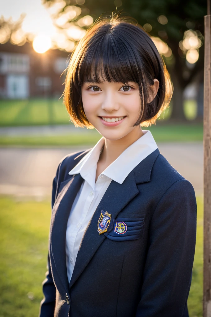 (highest quality,8K quality,masterpiece:1.3),(超A high resolution,Photorealistic:1.4,RAW Photos),(Very detailed,Caustics,Detailed Background),(Ultra-Realistic Capture,Fine and beautiful skin,Perfect Anatomy),At dusk,Sunset sky,School building,Schoolyard,18-year-old,cute,single eyelid,Black short bob,School Blazer Uniform,looking at the camera,Laughter,Bust up shot,Natural soft light