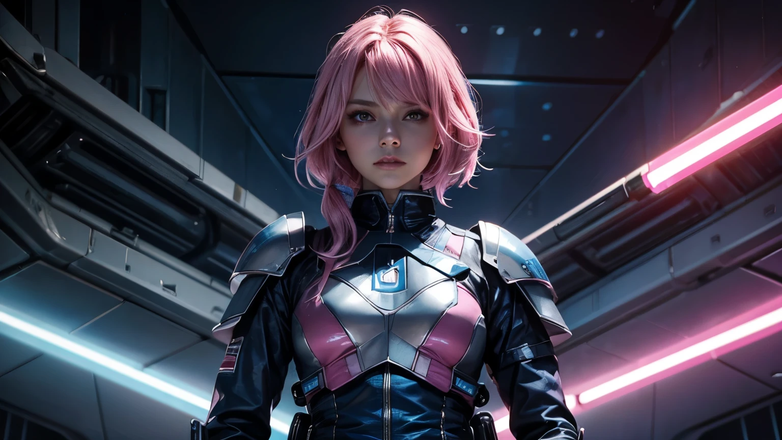 A beautiful woman is staring at the camera with a defiant expression. She has pink hair. She wears a blue metallic battle uniform. She's inside the spaceship's hangar, holding a lightsaber.