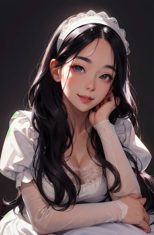maid clothes Long Black Hair FULL BODYSHOT White lace headband White lace apron White garter stockings No bangs Wavy Hair Bangs center parting Beautiful facial features Frontal shot Full-body image 8K picture quality、top-quality、masutepiece,white stockings,white backgrounid,Long Black Hair,Wavy Hair,Large breasts,Front-facing,An ultra-high picture quality、ultra - detailed、Ultra-realistic hair quality、Vibrant colors,Sweaty forehead and cheeks、soft pink lips、Red cheeks、full body Esbian、9 head、8K picture quality、top-quality、masutepiece,white stockings,white backgrounid,((maid clothes)),Long Black Hair,Wavy Hair、Unclear,Front-facing,An ultra-high picture quality、ultra - detailed、Ultra-realistic hair quality、Vibrant colors,Sweaty forehead and cheeks、soft pink lips、Red cheeks、full body Esbian、9 head body white backgrounid anime image Black miniskirt White lace apron Frontal shot、Hair is waist-length Smile Beautiful deep purple eyes cartoon