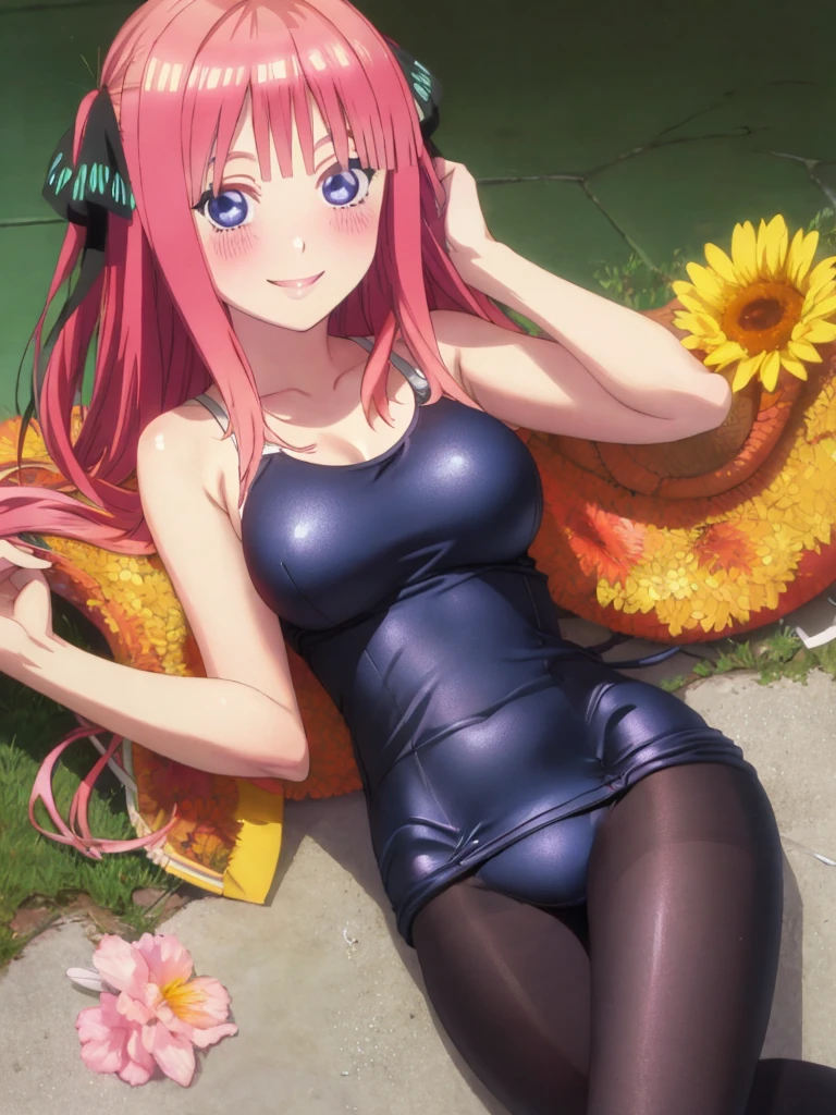 best quality, ultra-detailed masterpiece, nino nakano, one-piece swimsuit, breasts, pantyhose, blush, smile,