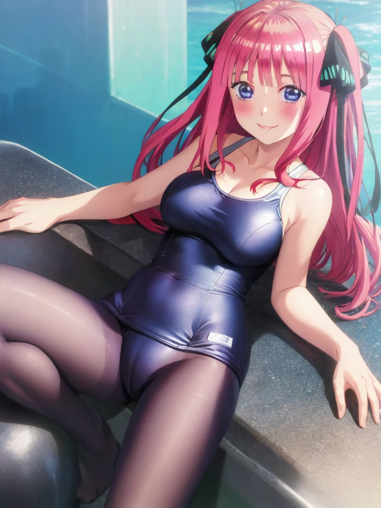 best quality, ultra-detailed masterpiece, nino nakano, one-piece swimsuit, breasts, pantyhose, blush, smile,