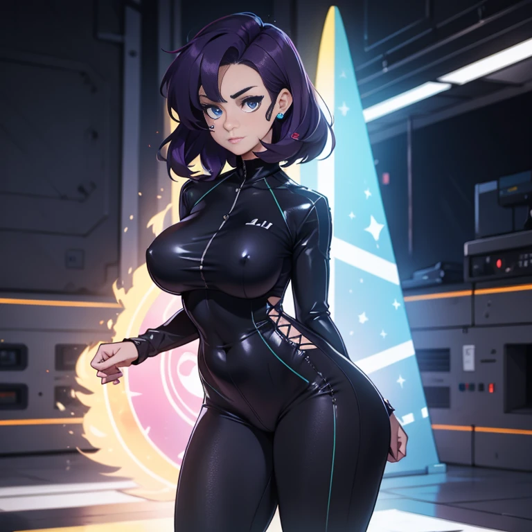 solo, alta qualidade, premiado, high resolution, 8k, blue eyes girl short dark purple hair 20 years old wearing advanced technological black dress, black skintight pants, pele clara, huge 