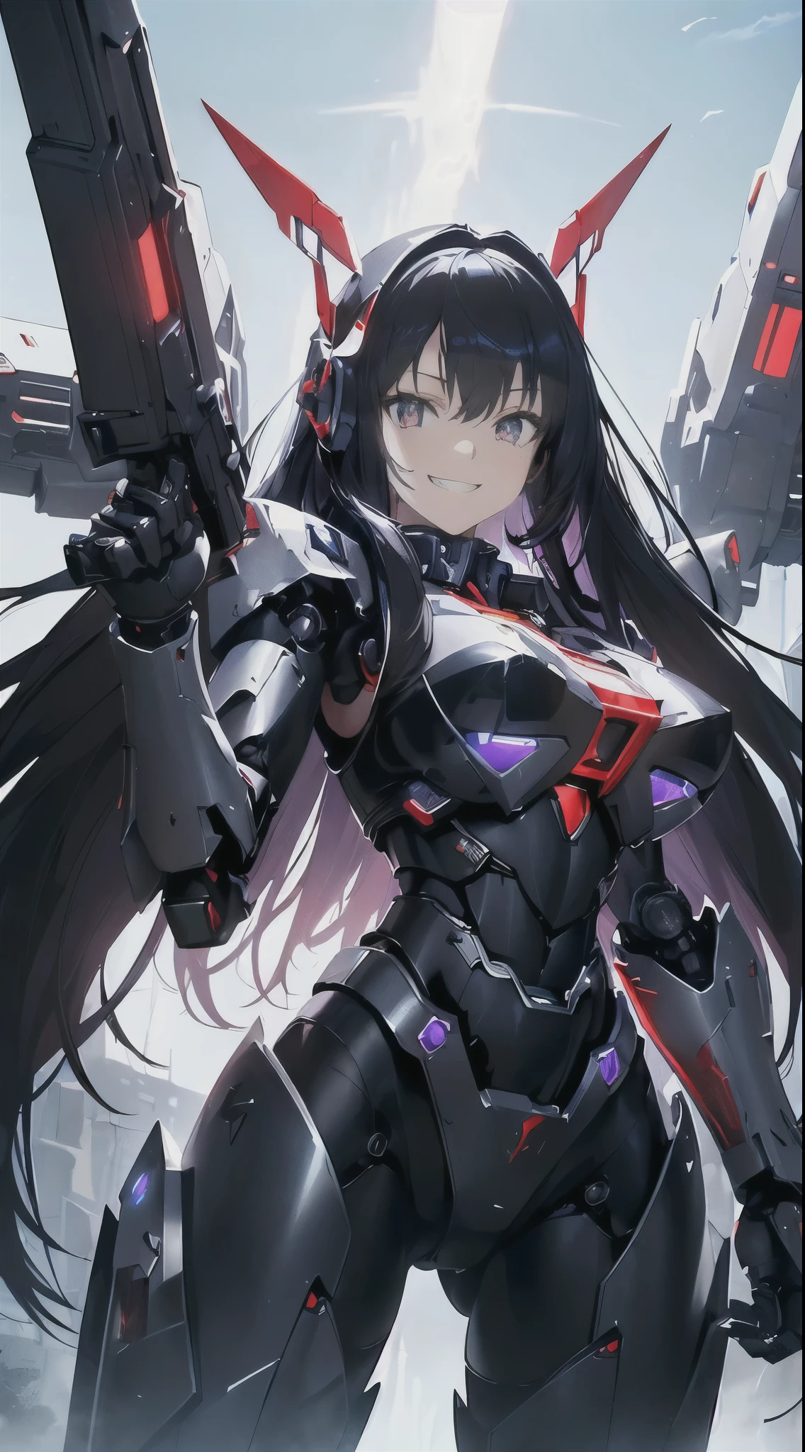 Machine eyes glowing red、Grinning